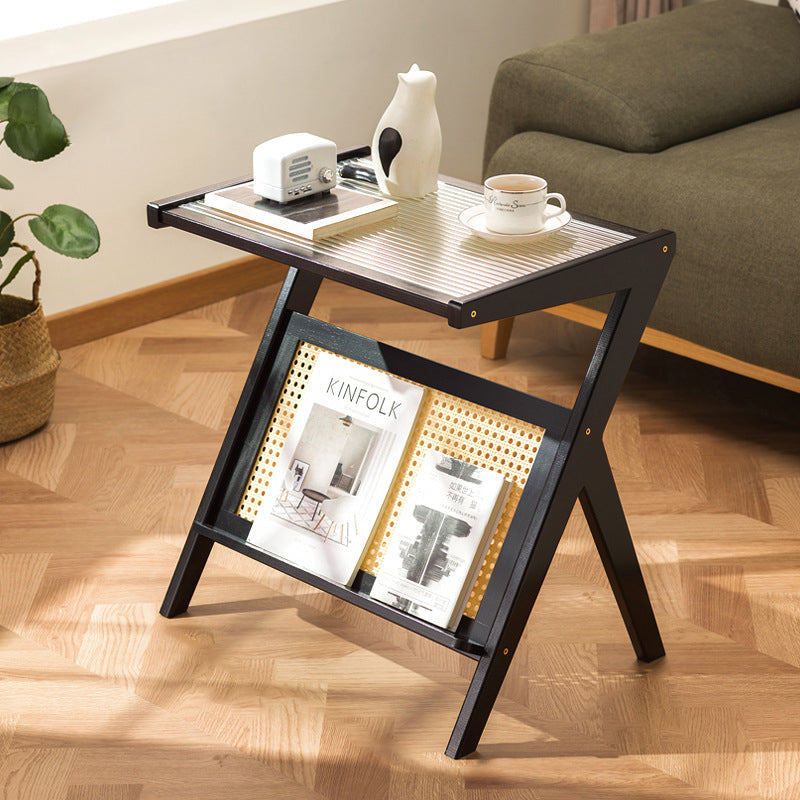 Contemporary Creative Rectangular Geometric Bamboo Glass Side Table 1-Shelf For Living Room