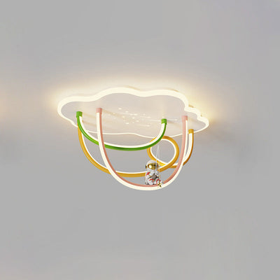 Contemporary Creative Cartoon Astronaut Cloud Iron Aluminum Rainbow Curve LED Kids Flush Mount Ceiling Light For Bedroom