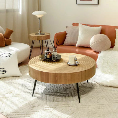 Modern Minimalist Round Annual Wood Stainless Steel Coffee Table For Living Room