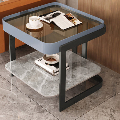 Modern Luxury Square Glass Rock Slab Iron Coffee Table 2-Tier For Living Room