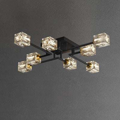 Contemporary Luxury Branch Rectangle Full Copper Crystal 4/6/8 Light Semi-Flush Mount Ceiling Light For Living Room