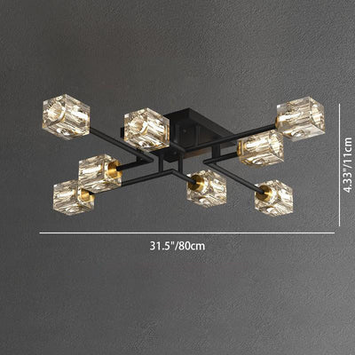 Contemporary Luxury Branch Rectangle Full Copper Crystal 4/6/8 Light Semi-Flush Mount Ceiling Light For Living Room