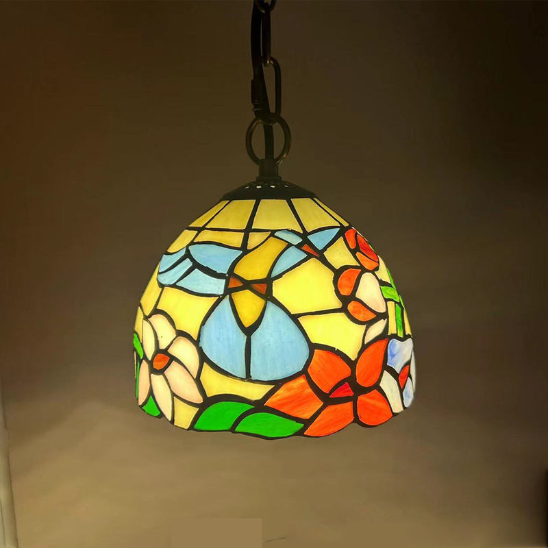 Traditional Tiffany Round Dome Petunia Baroque Zinc Stained Glass 1-Light Pendant Light For Living Room