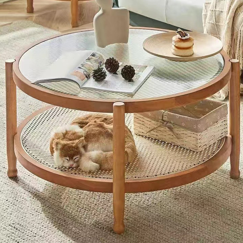 Modern Minimalist Round Solid Wood Glass Rattan Coffee Table 2-Tier For Living Room