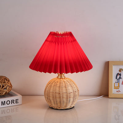 Contemporary Nordic Rattan Fabric Pleated Conic Ball LED Table Lamp For Bedroom