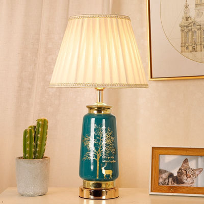 Traditional European Cylinder Ceramic Hardware Fabric 1-Light Table Lamp For Bedroom