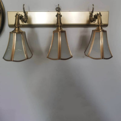 Traditional European Brass Finish Frame Flower Shade 3-Light Bathroom Vanity Mirror Front Wall Sconce Lamp For Bathroom