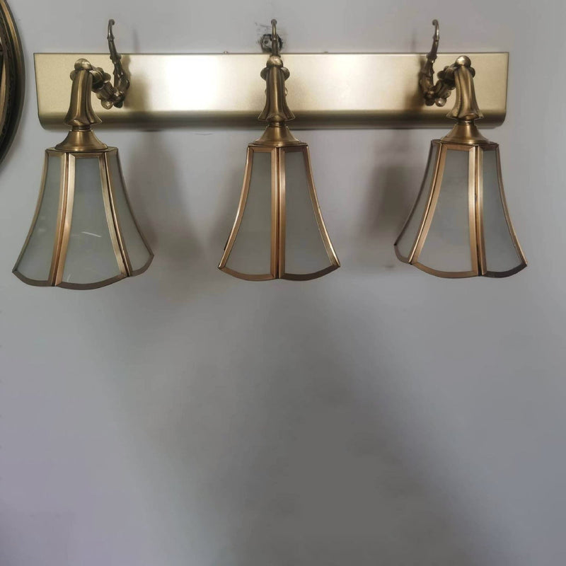 Traditional European Brass Finish Frame Flower Shade 3-Light Bathroom Vanity Mirror Front Wall Sconce Lamp For Bathroom