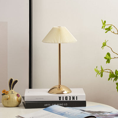 Contemporary Scandinavian Rechargeable Iron Fabric Conic Pleated LED Table Lamp For Bedside