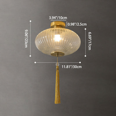 Traditional Chinese Lantern Spherical Copper Glass 1-Light Semi-Flush Mount Ceiling Light For Bedroom