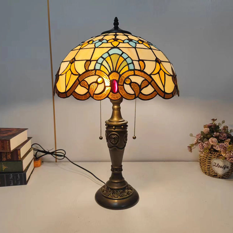 Traditional Tiffany Half Ball Rose Resin Stained Glass 2-Light Table Lamp For Bedroom