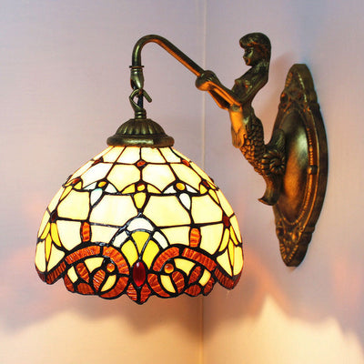 Traditional Tiffany Half Globe Mermaid Base Iron Glass 1-Light Wall Sconce Lamp For Bedroom