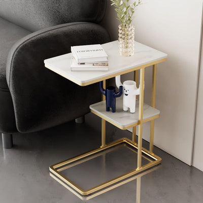 Contemporary Nordic Rectangular Rock Slab Metal End Table 2-Tier For Living Room