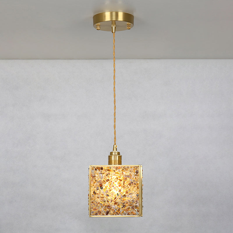 Modern Luxury Square Cube Gold Copper Frame Glass Shade 1-Light Pendant Light For Living Room