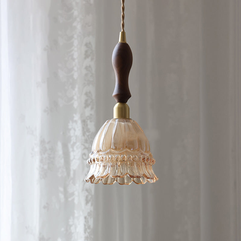 Traditional French Pastoral Walnut Jellyfish Glass Shade 1-Light Pendant Light For Living Room