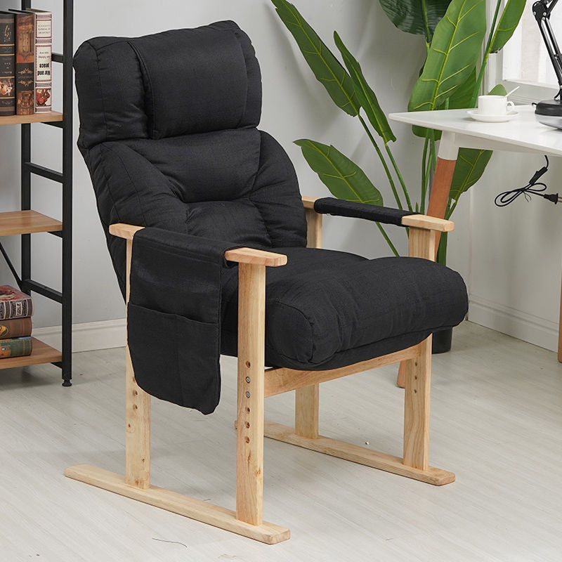 Silla de acento contemporánea nórdica rectangular de tela y madera con respaldo y reposabrazos para sala de estar 