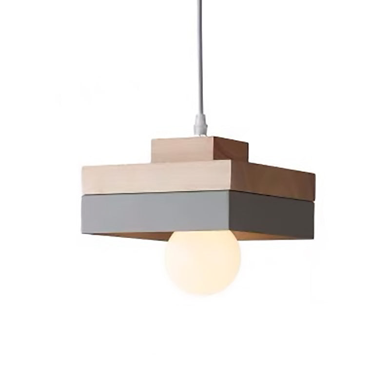 Modern Minimalist Macaron Square Iron Wood 1-Light Pendant Light For Living Room