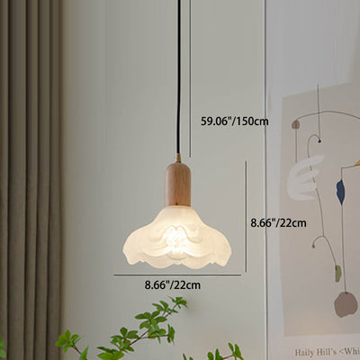 Traditional Japanese Wood Brass Glass Hemispheroid Flower 1-Light Pendant Light For Dining Room