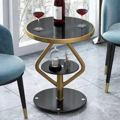 Contemporary Nordic Round Lozenge Glass Stainless Steel End Table 2-Tier For Living Room