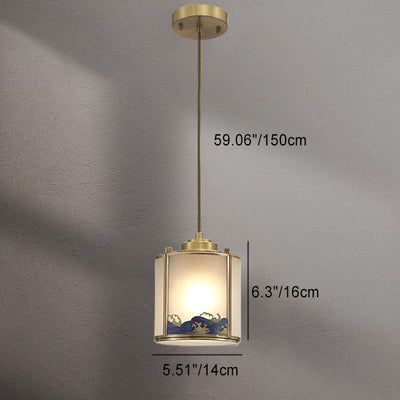 Traditional Chinese Brass Glass Cylinder 1-Light Pendant Light For Living Room