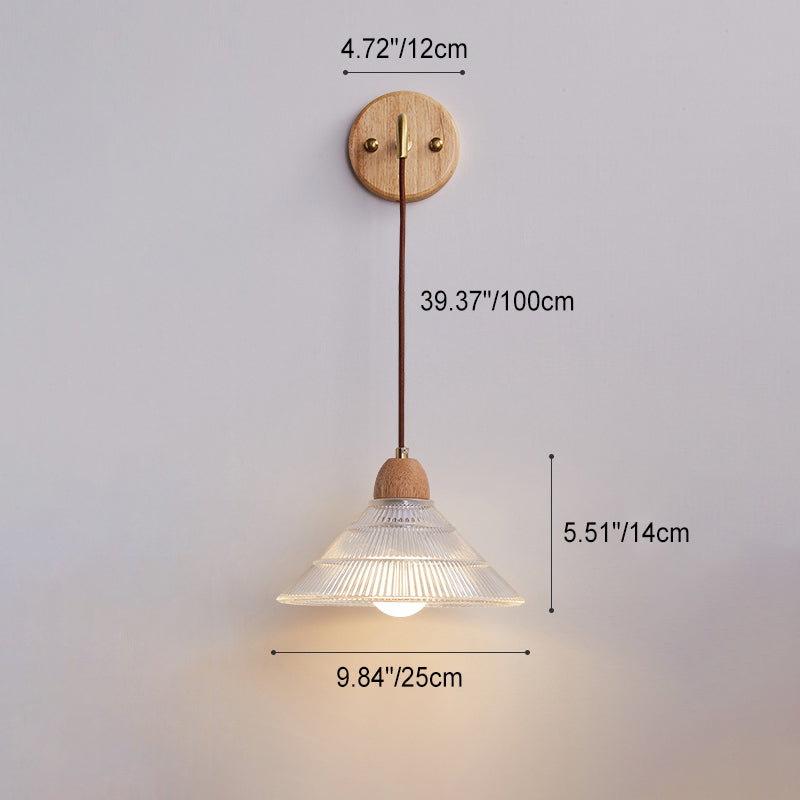 Zeitgenössische Retro Zylinder Blütenblatt Kegel Massivholz Glas 1-Licht Wandleuchte Lampe für Schlafzimmer 