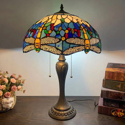 Traditional Tiffany Umbrella Flower Dragonfly Alloy Stained Glass 2-Light Table Lamp For Bedroom