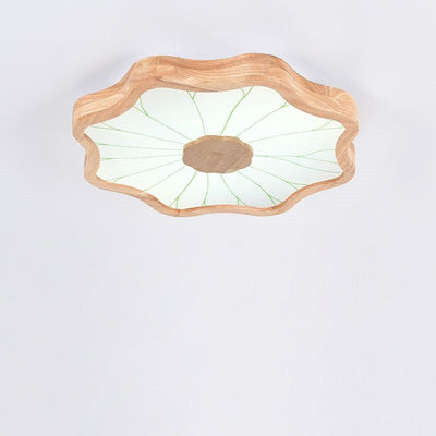 Traditional Chinese Lotus Leaf Wooden Iron Acrylic LED Flush Mount Ceiling Light For Living Room