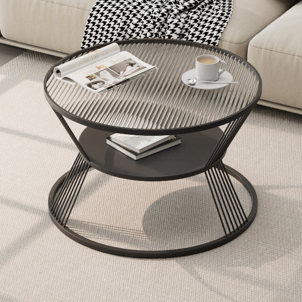 Modern Minimalist Round Hourglass Shape Glass Iron Coffee Table 2-Tier For Living Room