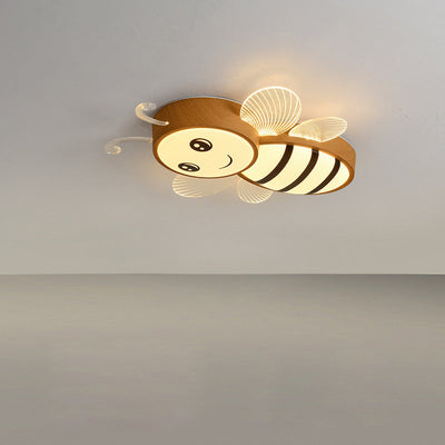 Contemporary Creative Woodgrain Cartoon Animal Bee Aircraft Acrylic LED Kids Flush Mount Ceiling Light For Living Room