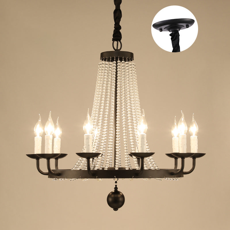 Contemporary Luxury Iron Round Frame Candelabra Crystal Bead 6/8/10/12-Light Chandelier For Living Room