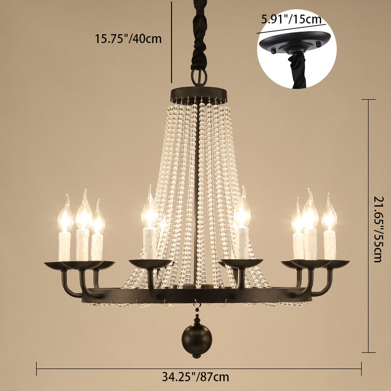 Contemporary Luxury Iron Round Frame Candelabra Crystal Bead 6/8/10/12-Light Chandelier For Living Room