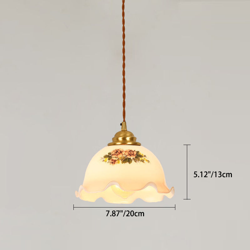 Traditional Vintange Brass Twine Walnut Glass Flower Curved 1-Light Pendant Light For Dining Room