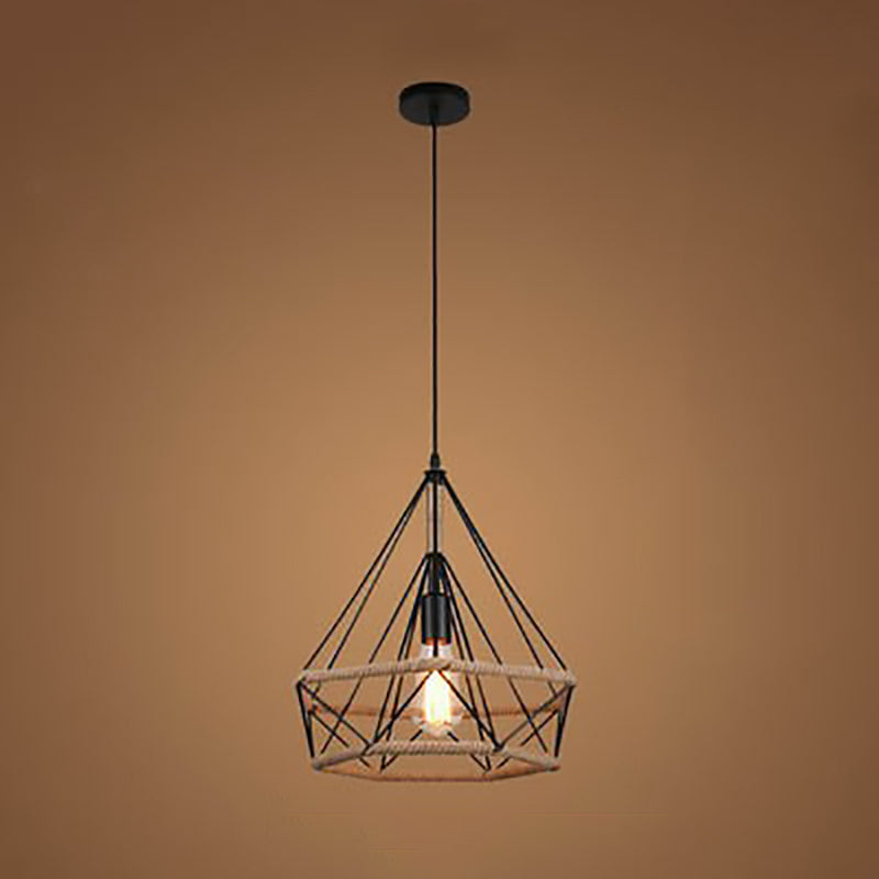 Contemporary Retro Iron Hemp Rope Simulated Greenery Diamond Sakura Leaf 1-Light Pendant Light For Dining Room