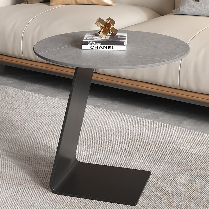 Modern Minimalist Round Glass Top L-shaped Carbon Steel Base Coffee Table For Living Room