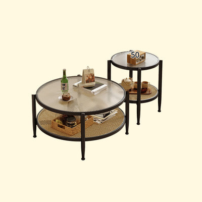 Traditional Japanese Round Glass Rattan Solid Wood End Table 2-Tier For Living Room