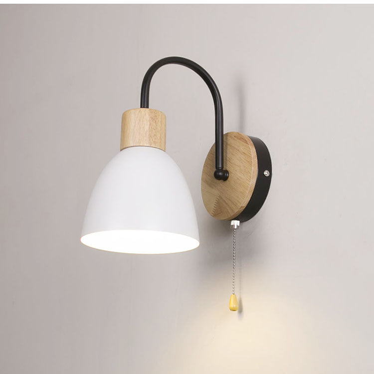 Modern Minimalist Macaron Curved Pole Round Cup Iron Wood 1-Light Wall Sconce Lamp For Bedroom