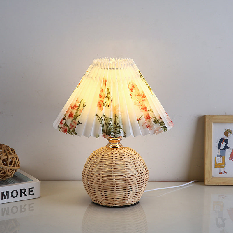 Contemporary Nordic Rattan Fabric Pleated Conic Ball LED Table Lamp For Bedroom