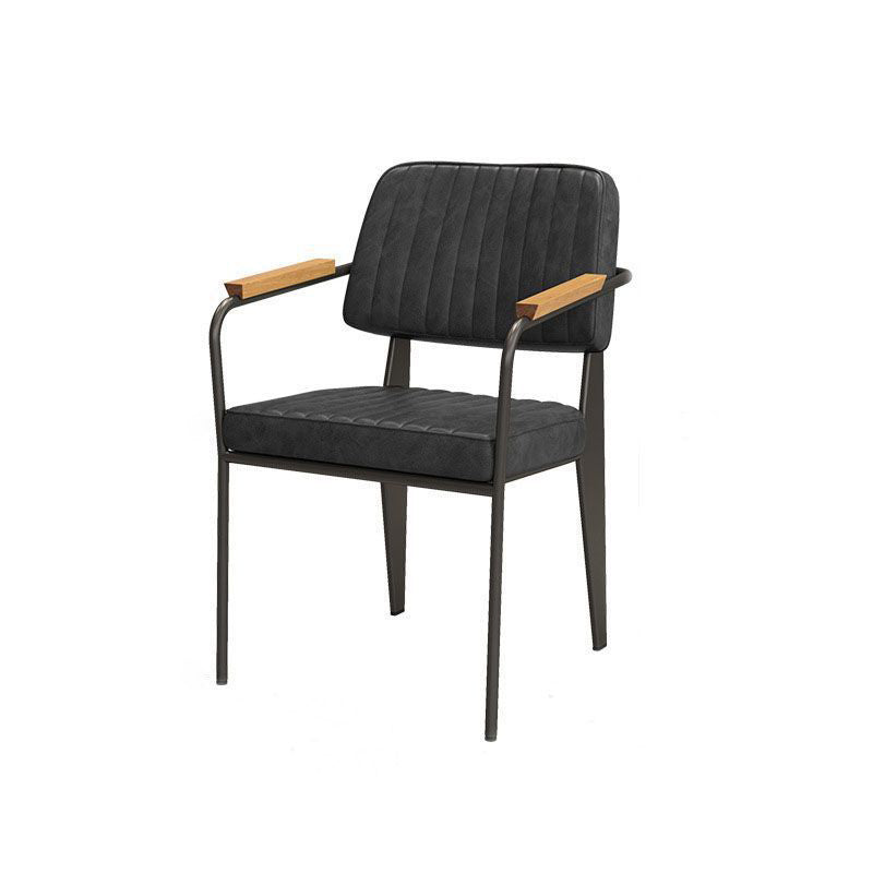 Contemporary Industrial Leather Metal Sponge Wood Square Vertical Stripe Dining Chair Backrest Armrest For Dining Room