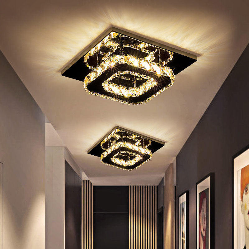 Contemporary Luxury Square Stainless Steel Crystal Decor LED Flush Mount Ceiling Light For Living Room