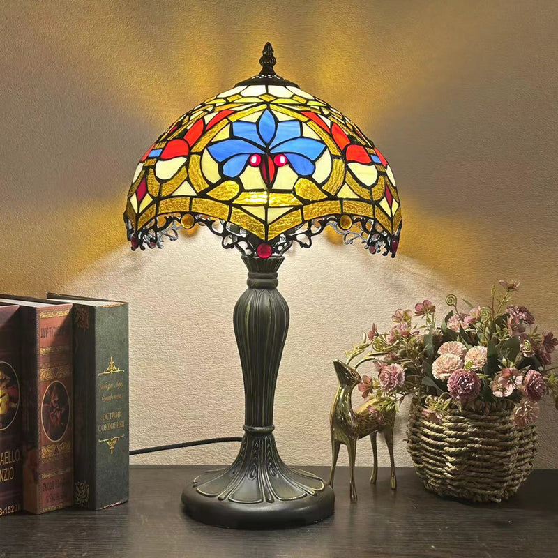 Traditional Tiffany Round Dome Flower Alloy Stained Glass 1-Light Table Lamp For Living Room