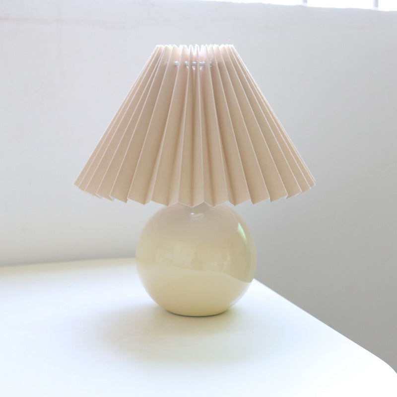 Contemporary Retro Pleated Fabric Round Ceramic Base 1-Light Table Lamp For Bedroom