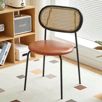 Contemporary Nordic Round Leather Wood Rattan Chair Backrest For Living Room