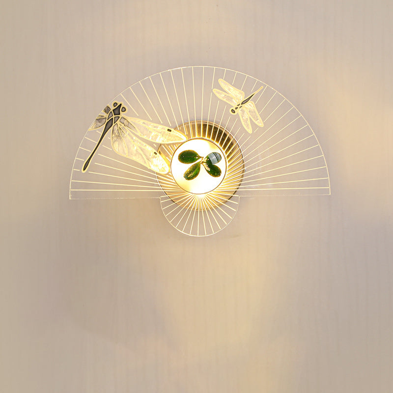 Contemporary Creative Fan-Shaped Acrylic Sunflower Dragonfly Decor LED Wall Sconce Lamp For Living Room