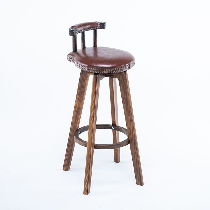 Contemporary Retro Round Leather Wood Legs Swivel Bar Stool Low Back Footrest For Dining Room