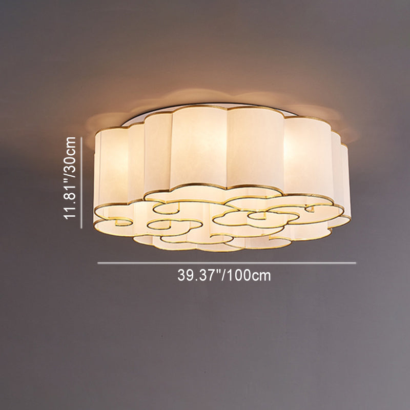 Traditional Chinese Iron Fabric Round Cloud 5/6/7/9/12/13 Light Flush Mount Ceiling Light For Bedroom