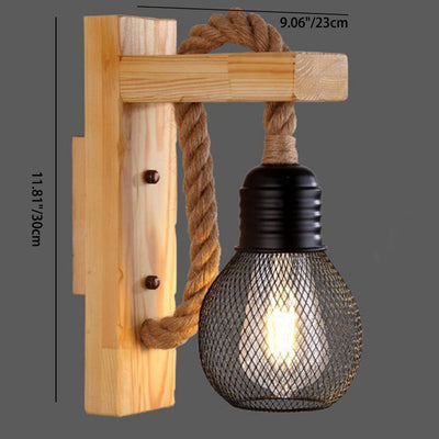 Contemporary Industrial Wood Hemp Rope Iron Glass Cubic Pendant 1-Light Wall Sconce Lamp For Hallway