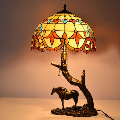 Traditional Tiffany Resin Glass Dome Conic Hemispheric Branch Horse Base 2-Light Table Lamp For Study