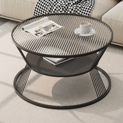 Modern Minimalist Round Hourglass Shape Glass Iron Coffee Table 2-Tier For Living Room