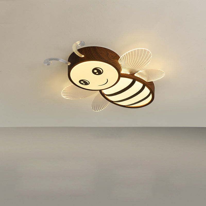 Contemporary Creative Woodgrain Cartoon Animal Bee Aircraft Acrylic LED Kids Flush Mount Ceiling Light For Living Room