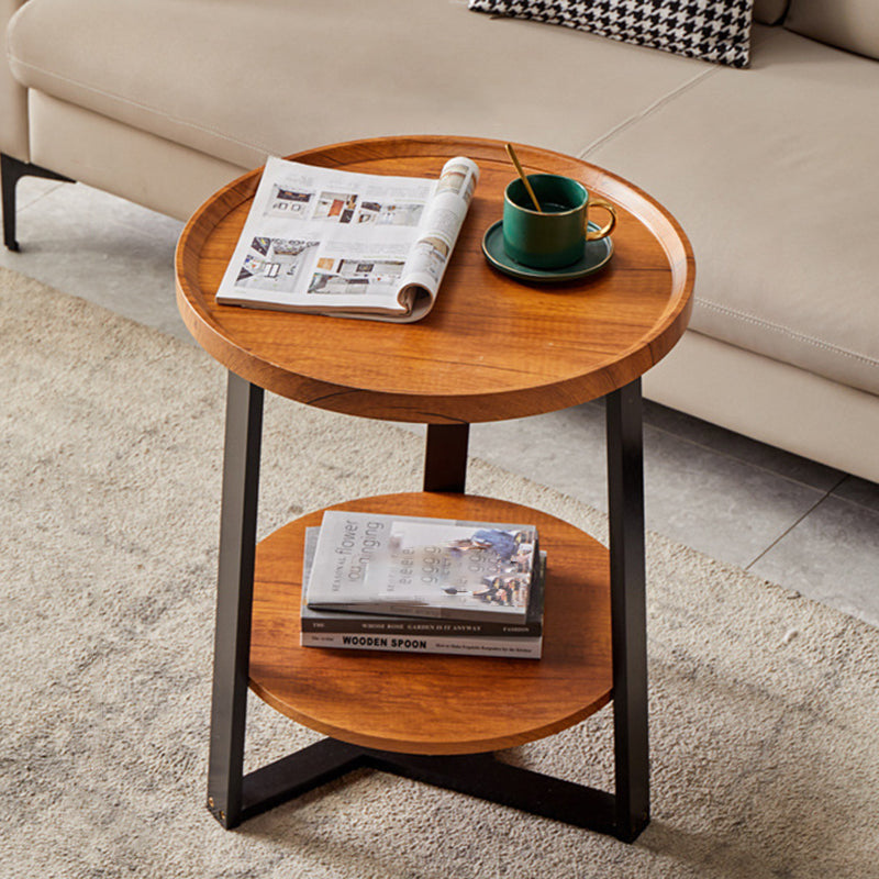 Contemporary Scandinavian Round Wood Iron End Table 2-Tier For Living Room